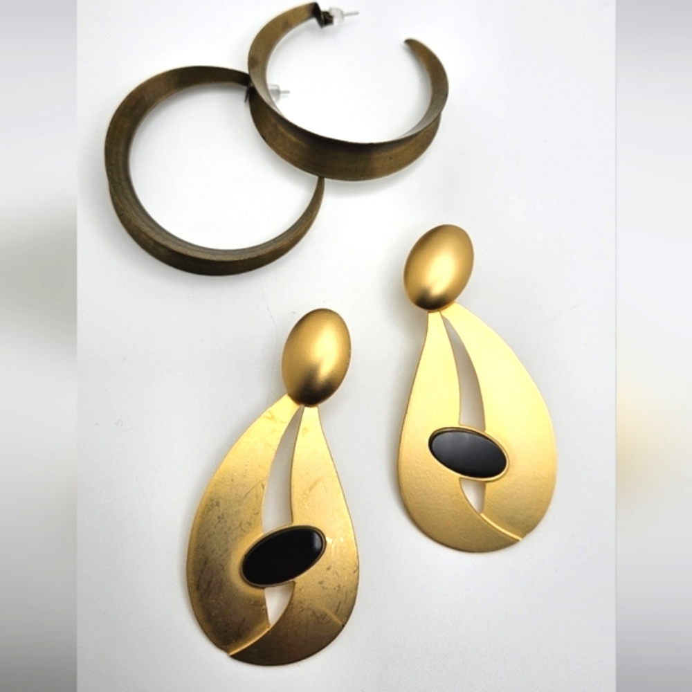 🟢3/$19🟢 Modernist Large Size Earrings Lot Pierced Ears Gold Brass Hoop